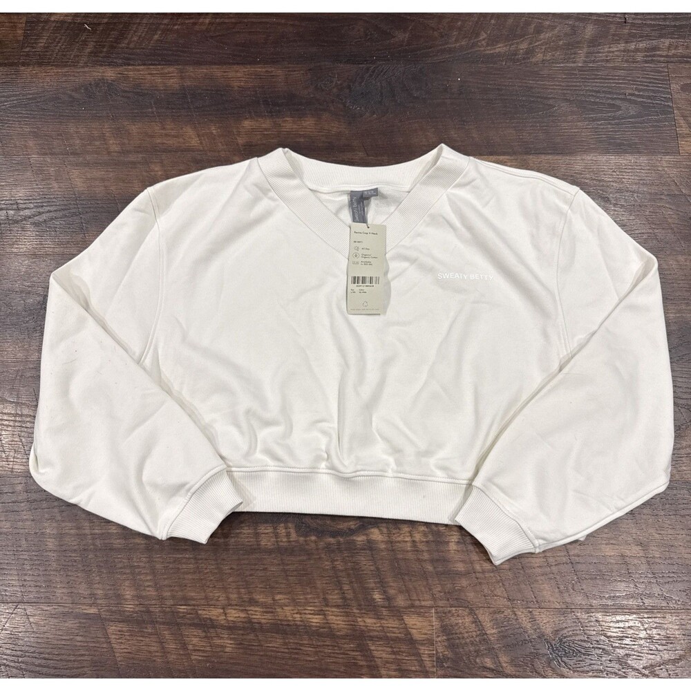 Sweaty Betty Womens L-XXL Revive Crop V-Neck Sweatshirt Cotton Blend Lily White